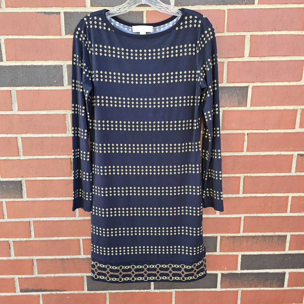 Michael Kors Navy Gold Studs Pattern Long Sleeve Stretchy Cocktail Party Dress